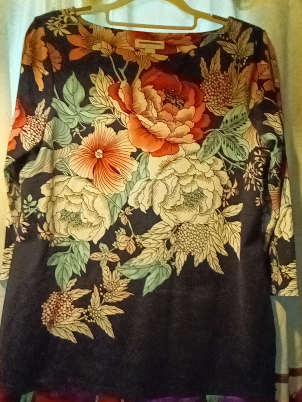 Women's Floral Print Long-Sleeve Women's Top - Navy, Coral & Cream Blooms